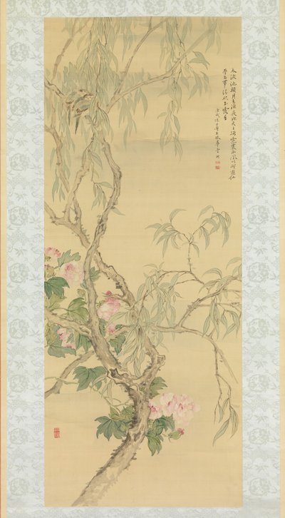 柳枝上的小鸟和芙蓉花，日期为1850年秋季。 作者 椿金山