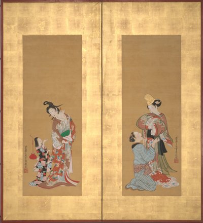 白璧微瑕的舞者和女仆，歌妓和女仆，18世纪中期。 作者 月冈正信