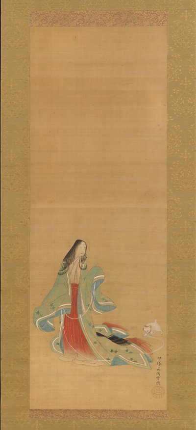 第三位公主和她的猫，来自《新草药》一书中的Wakana I...，18世纪。 作者 月冈正信