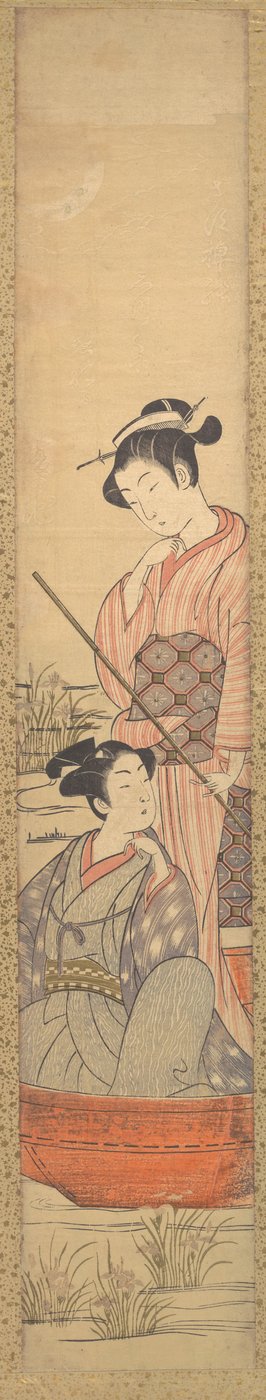 一个年轻女子站在船上拉着船，一个年轻男子坐在她脚边。 作者 内政