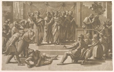 1518年，被使徒包围的亚那尼亚斯之死。 作者 Ugo da Carpi