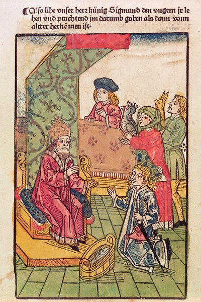卢森堡的西吉斯蒙德（1367-1437）皇帝接受了他的匈牙利臣民的敬意，1483年（彩色木刻）（另见316982） 作者 乌尔里希·冯·里森塔尔