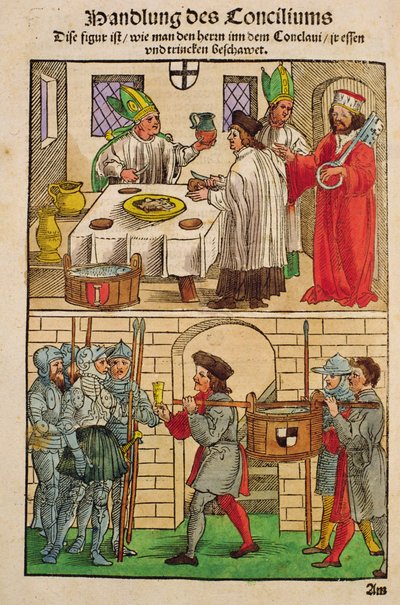 在康斯坦茨市议会期间，如何从“Chronik des Konzils von Konstanz”向人们分发面包和葡萄酒 作者 乌尔里希·冯·里森塔尔