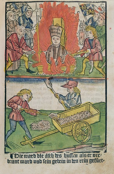 Jan Hus在1483年出版的“康斯坦茨理事会历史”中烧毁了康斯坦茨理事会的股份 作者 乌尔里希·冯·里森塔尔