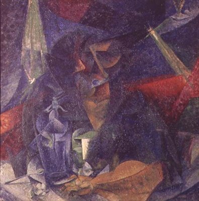 一个女人在桌子旁的形象构成 作者 翁贝托·博西奥尼（Umberto Boccioni）