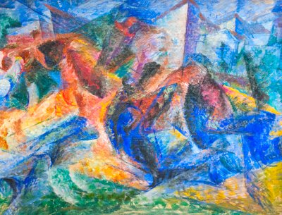 马匹、骑手和建筑 作者 翁贝托·博西奥尼（Umberto Boccioni）