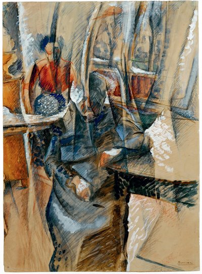 内部有两个女性形象，1916年。 作者 翁贝托·博西奥尼（Umberto Boccioni）
