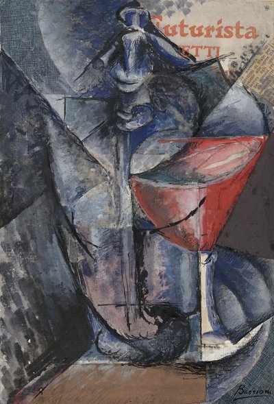 静物：玻璃和虹吸管，c.1914（拼贴画，水粉，钢笔和墨水） 作者 Umberto Boccioni