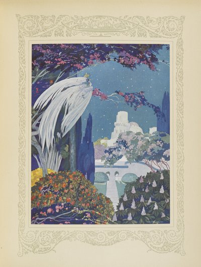 然而，美丽的青鸟从未停止在宫殿周围盘旋，插图选自《Contes du Temps Jadis》，或《Tales from Times Past》，第 32 页。 作者 翁贝托·布鲁内莱斯基