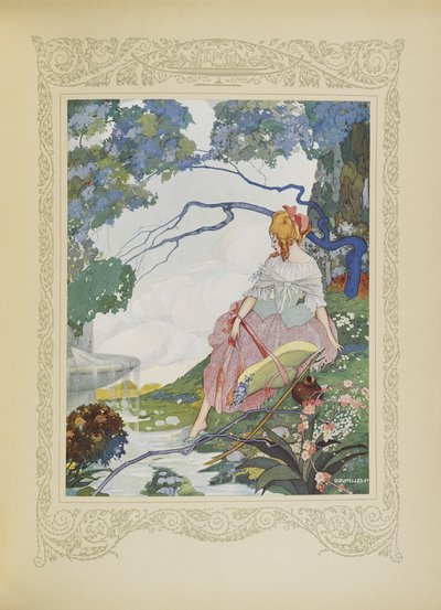 有一天，她停在喷泉边，插图来自“Contes du Temps Jadis”，或“过去的故事”，第 40 页 作者 翁贝托·布鲁内莱斯基