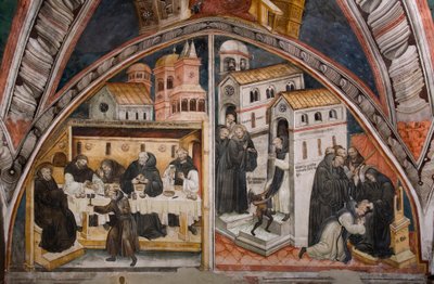 Episodes of the life of Saint Benedict of Nursie: “On the left the attack of the monks of Vicovaro who seek to poison Saint Benoit, this one miraculously breaks the cup containing the poison, on the right Saint Benoit warriors a monk with acedie”” Fresco o 作者 翁布里亚学校