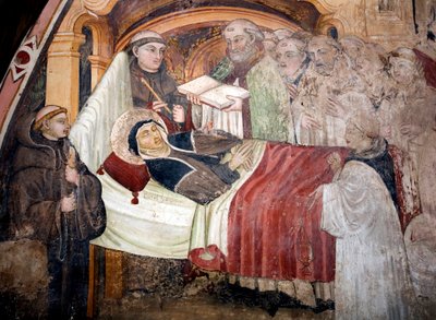 Saint Scolasticus (v. 480- v. 543) 之死，她是 Nursie 的圣本笃的妹妹，她周围都是本笃会修士。 15 世纪翁布里亚学校的壁画。 圣贝内代托修道院（Sacro Speco），苏比亚科（罗马），意大利 作者 翁布里亚学校