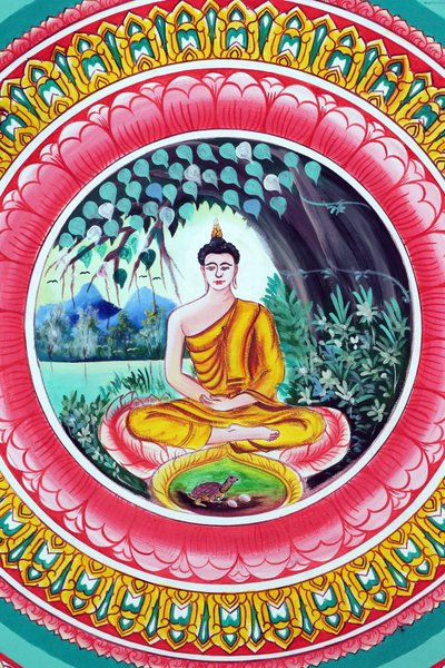 20151029, Vientiane, Laos : Wat Inpeng buddhist temple. Painting depicting the life story of Shakyamuni Buddha. Buddha sitting in the meditation pose 作者 不明