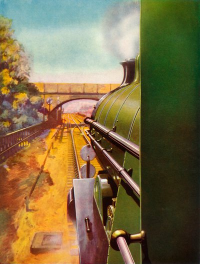 1935年，从南部铁路大西洋机车的驾驶室驶出一条畅通的道路。 作者 不明