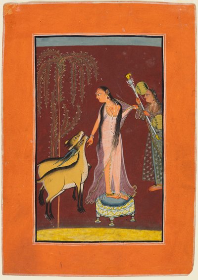 一位有服务员和一对鹿的女士，可能是迪帕克的古吉里·拉吉尼（Gujari Ragini），来自帕哈里·拉加马拉（Pahari Ragamala），1 作者 不明