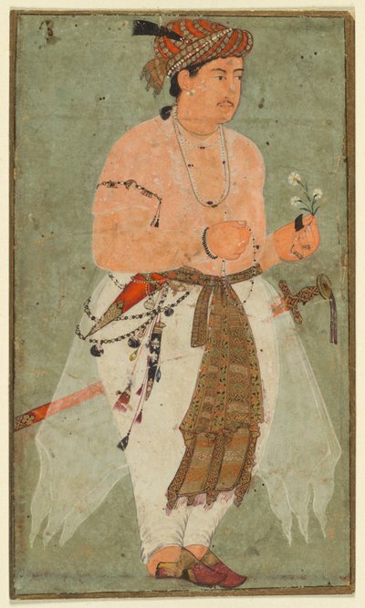 莫卧儿王储，也许是丹妮尔（Danyal），手持一枝鲜花，c。 1580-1590。 作者 不明
