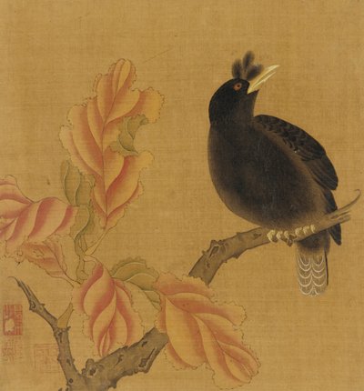 树枝上的黑鸟，秋叶，清朝，18世纪。 作者 不明
