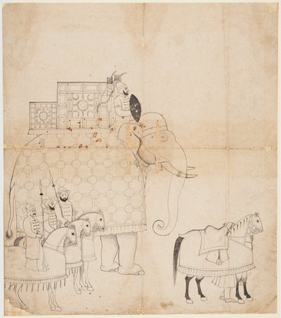 Caparisoned大象和马的图画，c。 1760。 作者 不明