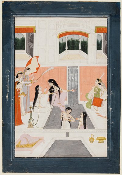 一位身着淡香水的女士在宫殿的水梯旁听音乐，c。 1780年。 作者 不明