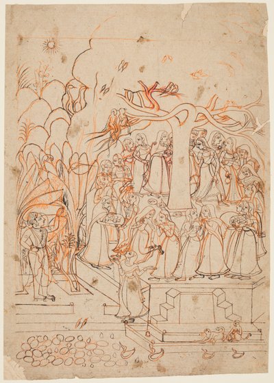 Baramasa系列中的一片叶子：克里希纳（Krishna）耶斯塔（Jyestha）五月至六月，看着戈皮（Gopis）...，c。 1760。 作者 不明