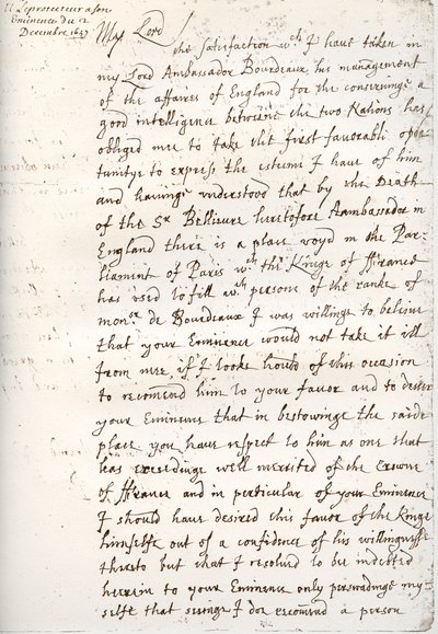 奥利弗·克伦威尔（Oliver Cromwell）1657年12月4日给马萨林枢机的信 作者 不明
