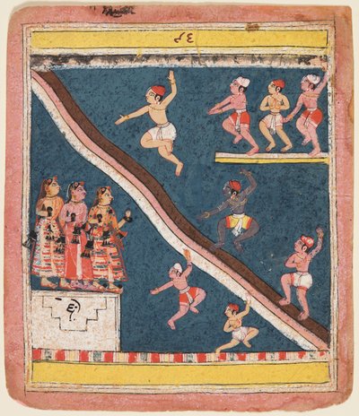 凯萨瓦·达斯（Kesava Das）的拉西卡普里亚（Rasikapriya）的一页：克里希纳（Krishna）和戈帕斯（Gopas）潜入池塘，c。 1640。 作者 不明