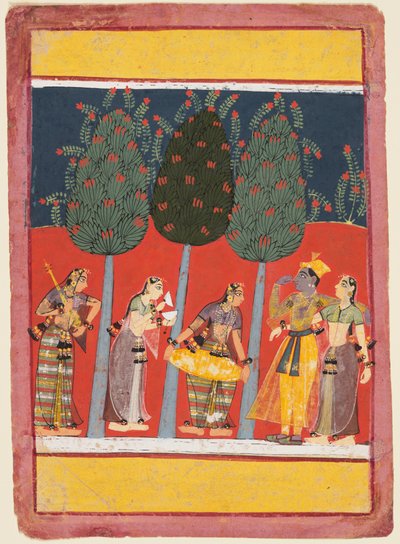 Rasikapriya系列中的一页：克里希纳和拉达以及有乐器的Sakhis，c。 1650 作者 不明