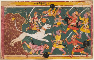 Devi-Mahatmya的页面：女神作为恶魔的饮酒者Raktabija，c。 1640。 作者 不明