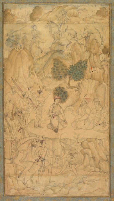 王子在岩石风景中拜访圣人，c。 1590。 作者 不明