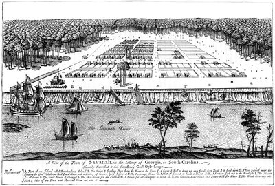1741年，南卡罗来纳州佐治亚州殖民地萨凡纳镇的风景 作者 不明