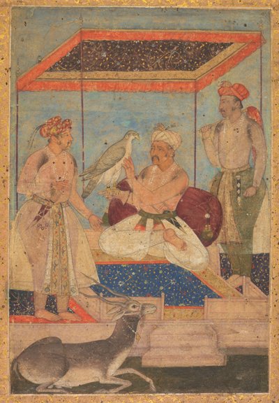 阿克巴尔和贾汉吉尔（Khusrau Prince）站在背后时检查一只吉尔猎鹰（Ghir Falcon），c。 1602-1604。 作者 不明