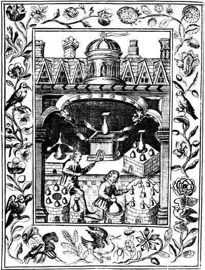 展示各种形式的熔炉和容器的炼金术实验室，1652年 作者 不明