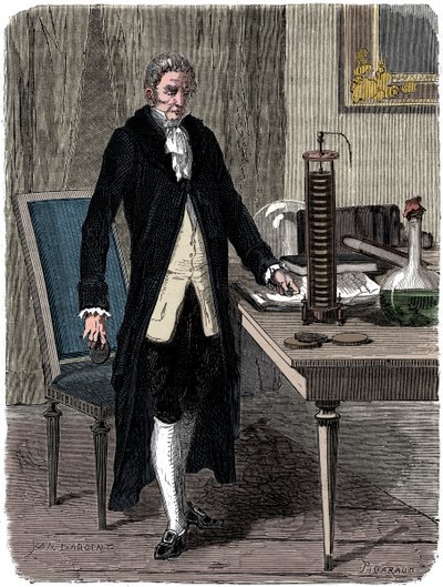 意大利物理学家亚历山德罗·沃尔塔（Alessandro Volta）展示了他的电动桩电池c1800 c1870 作者 不明