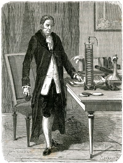 意大利物理学家亚历山德罗·沃尔塔（Alessandro Volta）展示了他的电动桩电池c1800 c1870 作者 不明