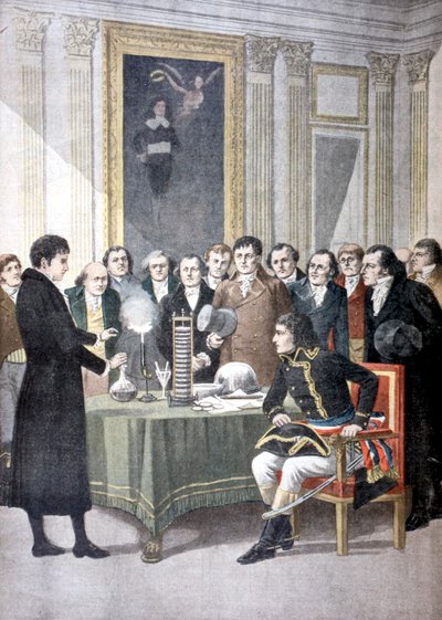 亚历山德罗·沃尔塔（Alessandro Volta）向拿破仑（c拿破仑）展示他的堆电池，c1800 1901 作者 不明