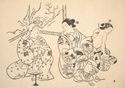 一个坐在客厅里的花魁对另一个女人的背部进行火烧处理。 作者 不明