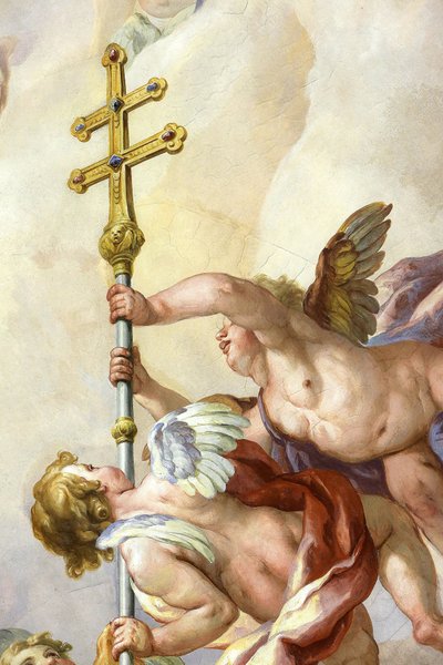 Angels holding a cross. Fresco by Johann Michael Rottmayrr. Karlskirche. St. Charles