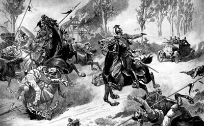 1914年第一次世界大战，装甲的比利时军队遭到Uhlans的攻击 作者 不明