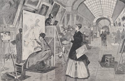 巴黎卢浮宫画廊的艺术学生和抄写员 《哈珀周刊》，第...卷，1868年1月11日。 作者 不明