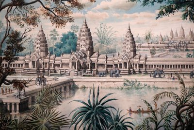 亚洲文明博物馆，吴哥，探索柬埔寨的圣城，吴哥窟景观，以 Jacques Guiaud 的绘画为基础，由 Henri Mouhot 绘制，Louis Delaporte 于 1870-73 年左右绘制的吴哥窟景观，新加坡，2018 年（照片） 作者 不明