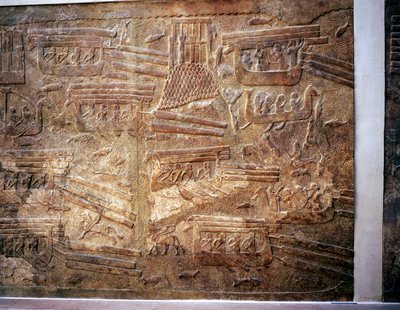 亚述浮雕，显示从黎巴嫩通过水路运输木材，Khorsabad，约公元前8世纪 作者 不明