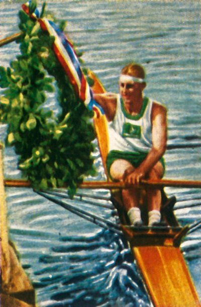 澳大利亚赛艇手鲍比·皮尔斯（Bobby Pearce）赢得了单人双桨，1928年。 作者 不明