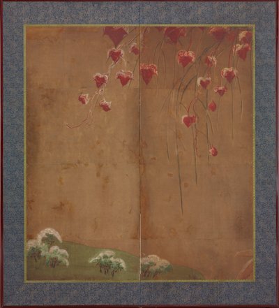 秋天的藤蔓，远处的树木和雪，江户时期，1615-1868。 作者 不明