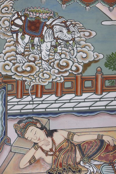 在乔达摩悉达多出生之前，他的母亲梦见一头白象送给她一朵莲花，首尔，Coree du Sud 作者 不明
