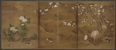 鸟类、四季之花和狸猫，室町或桃山时期，16世纪。 作者 不明