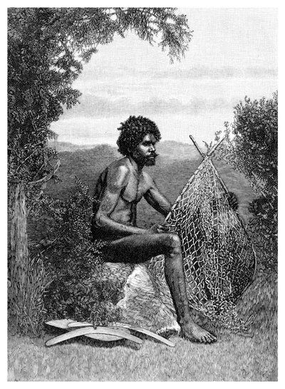 布莱克费尔（Blackfellow）修补自己的网兜，澳大利亚，1886年 作者 不明