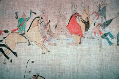 黑脚印第安人的帐蓬衬里，显示了对一个营地的攻击 作者 不明