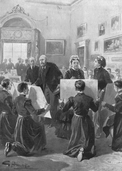 1873年，1901年，蓝衣男孩在白金汉宫向维多利亚女王展示画作。 作者 不明