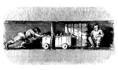 男孩把装满煤的卡车从煤面上推到井筒底部，c1848 作者 不明