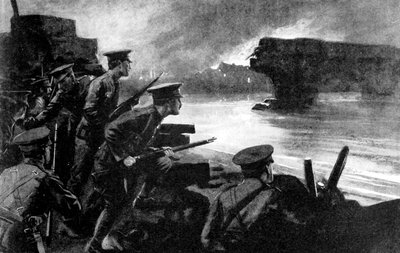 1914年，第一次世界大战，比利时在河岸上的英军为德国的前进做准备 作者 不明